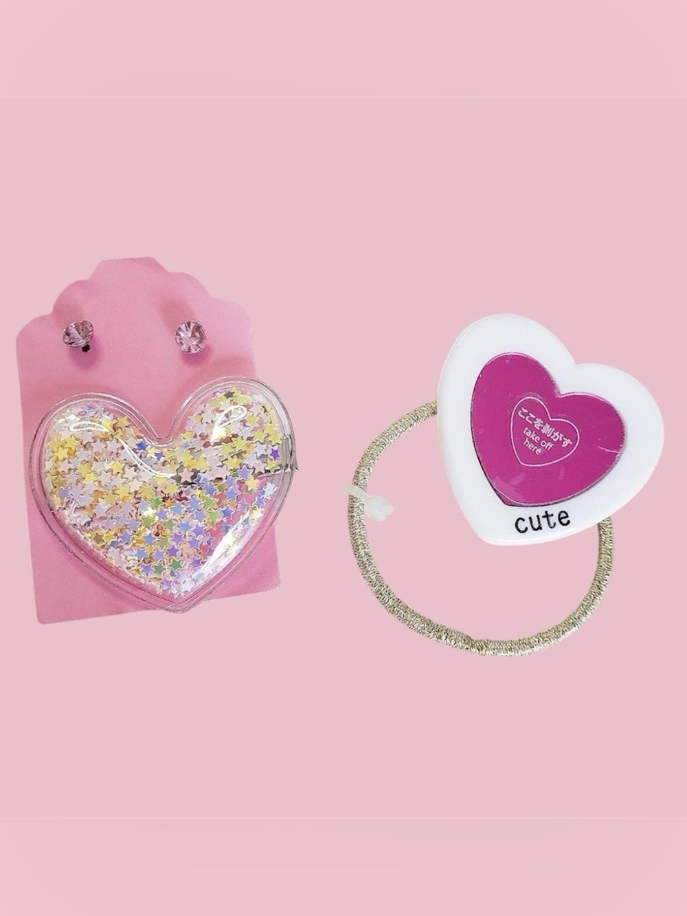 2 Heart shaped hair accessories and pink rhinestone earrings